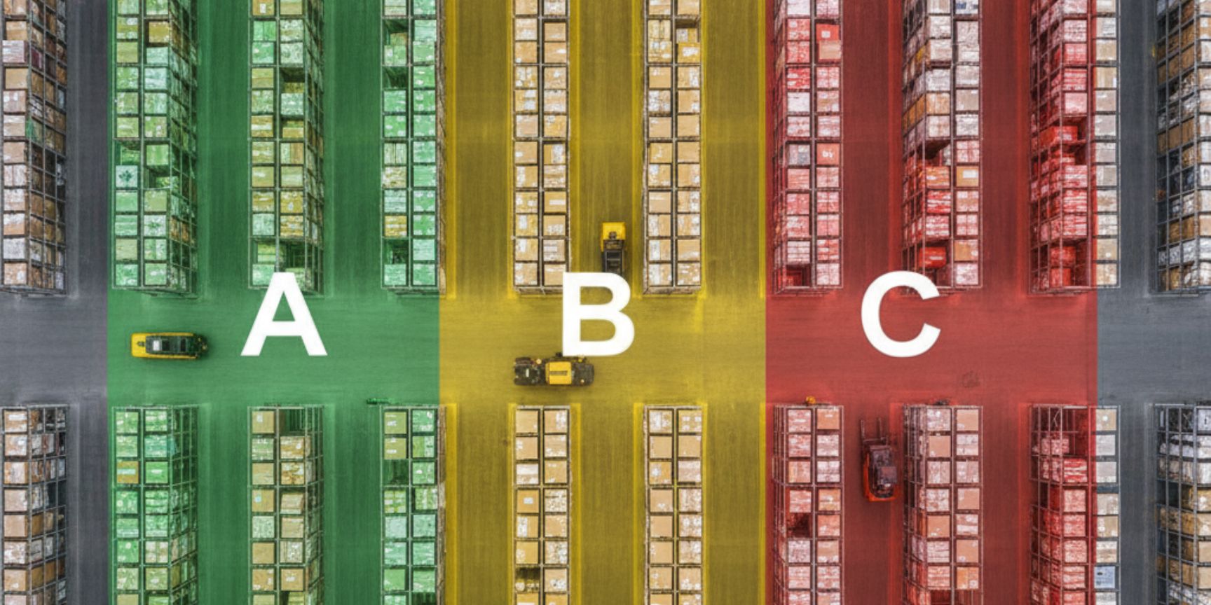 A top view of a large logistics warehouse that is visually divided into three color-coded zones for A, B, and C items: green, yellow, and red. Above these zones are floating bar charts with numerical percentages for sales and quantity, which represent the typical distribution of ABC analysis.